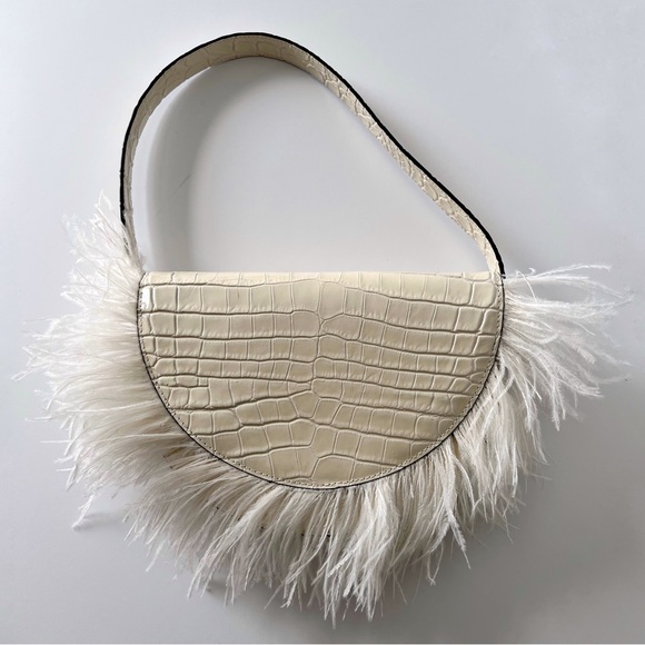 STAUD Handbags - Staud Amal Feather Trim Cream Shoulder Bag